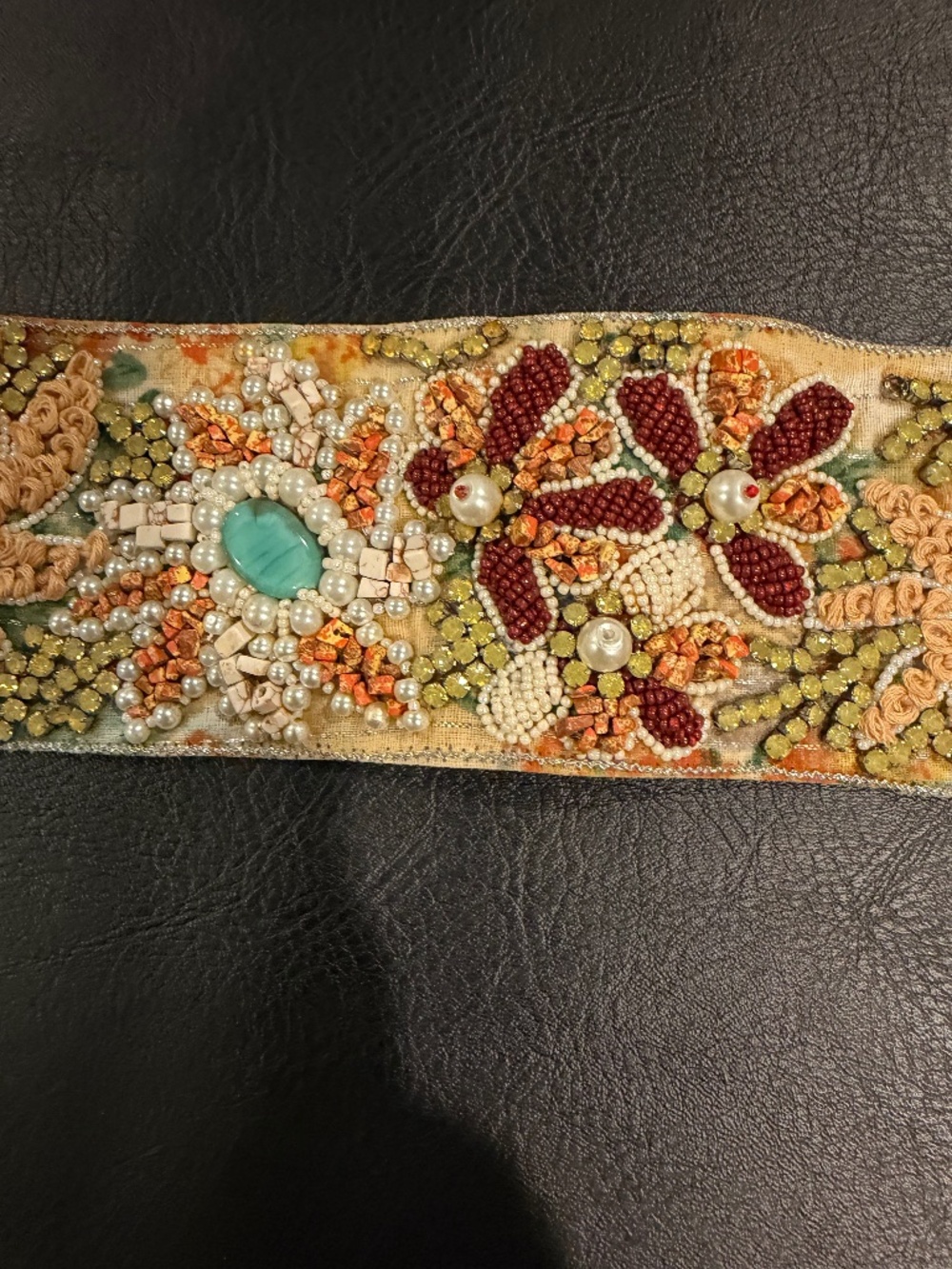 Anthropologie Beaded Leather Obi Belt One Size